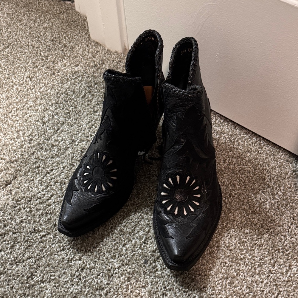 Elegant Black Ankle Booties with Floral Design